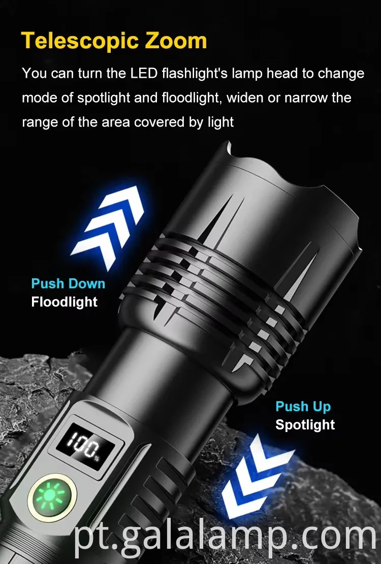 Zoom de alta potência, exibição digital forte forte, multifuncional e multi -nível ajustável lanterna